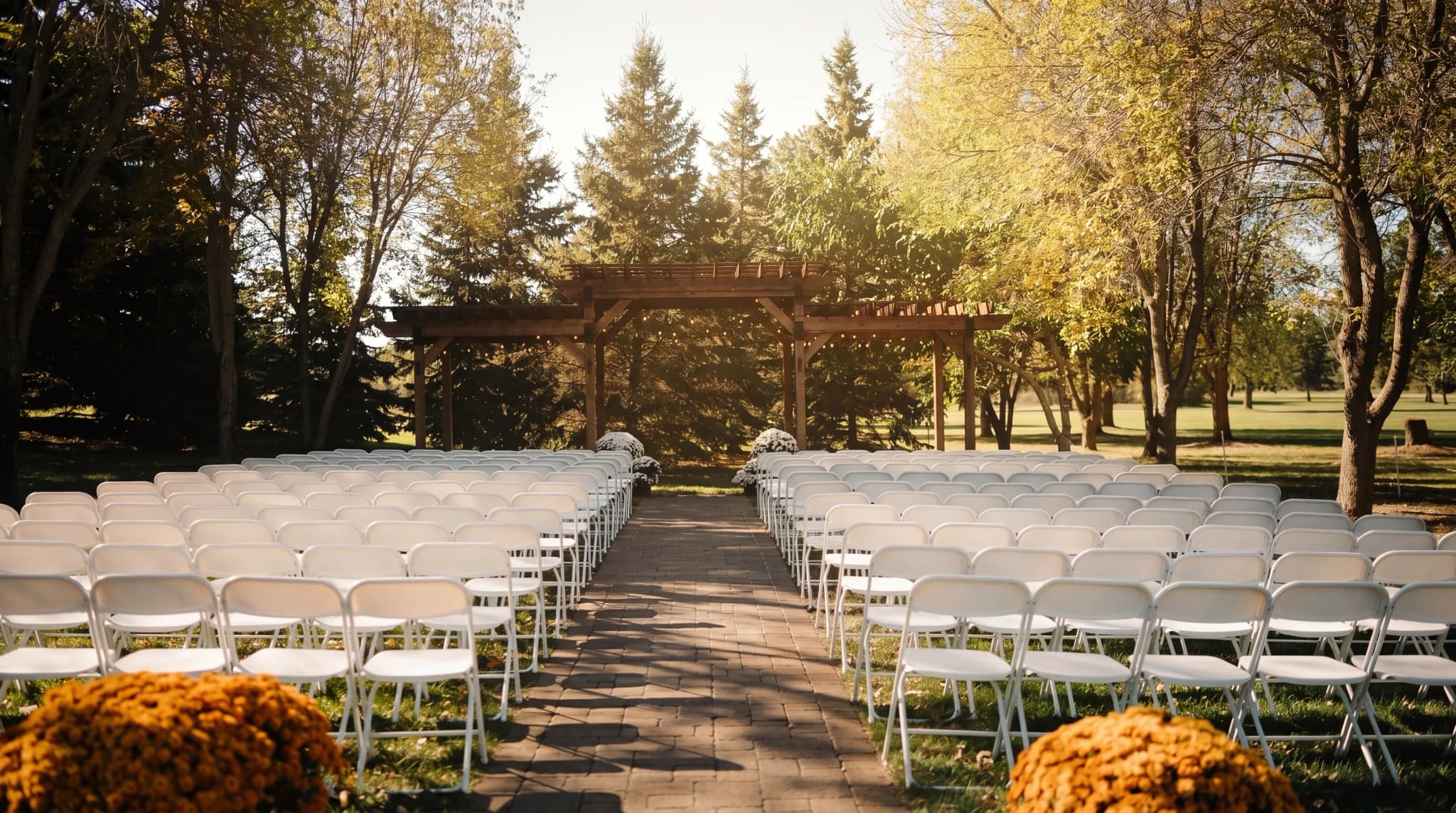Pergola ceremony site at sunset